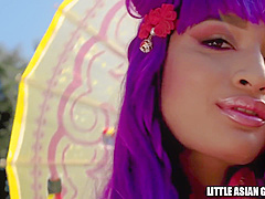 Hot Asian In Oriental Dress Flashes Her Pussy and Gets Licked and Fucked