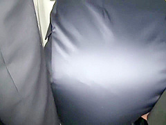 Pretty lady get cream on subway in blue silk satin skirt FNK 021