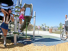 Two Asian Teens at the Playground Ride a Strangers Bicycle and Big Cock