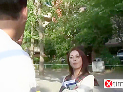 Japanese slut, Ryoko is getting her hairy pussy filled up with a rock hard cock and cum