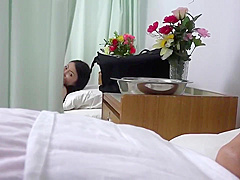 Japanese brunette with small tits is getting fucked in the hospital, while taking care of her man