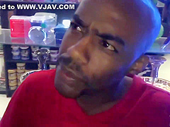 A horny, black guy likes to fuck a hot Japanese babe, while on the floor