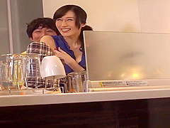 Busty Japanese MIlf gives oral sex to his son's friends