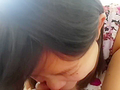 Asian slut wife in dress stripped and giving head on all fours