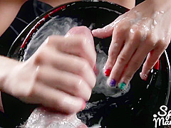 Marie Uses A Group Of Guys Cum For One Messy Handjob