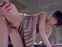 Sweet, Asian brunette, is getting fucked in the basement and moaning from pleasure while cumming