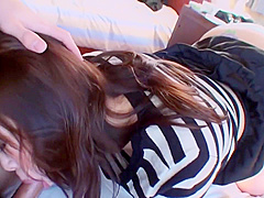 Japanese brunette with small tits and hairy pussy is getting fucked and hoping for a creampie