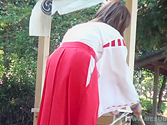 Shrine maiden in car with guys