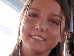 Sweet college girl is about to take off her clothes in the bus and have casual sex