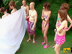 Japanese Girls Get Bushes Pleased With Toys And Blow Few Guys In The Pool At Party