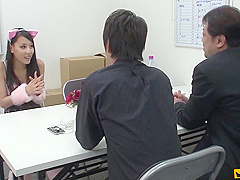 Japanese Girl Squirts At Job Interview While Two Men Play With Her Shaved Pussy