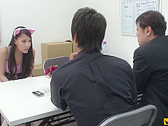 Japanese Girl Squirts At Job Interview While Two Men Play With Her Shaved Pussy