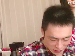 Mikan Kururugi In Asian Girl Gives Blowjob In Threesome Then Takes Cumshot With Men