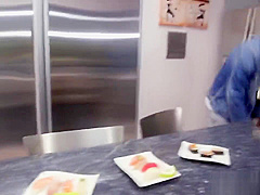 Japanese cutie gets pussy stretched in hot interracial sex in kitchen