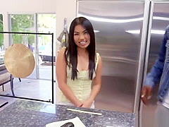 Japanese cutie gets pussy stretched in hot interracial sex in kitchen