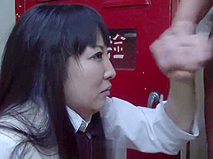 Asian school girl sucking hard on the fat dong